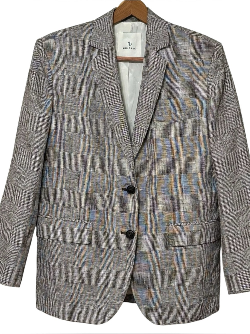 Anine Bing Quinn Glen Plaid 100% Linen Blazer Neutral Gray Checked Oversized XXS